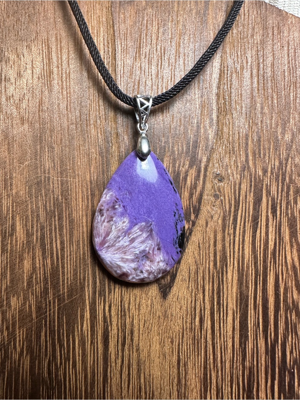 Charoite Teardrop Necklace on Sterling Silver Bail and Black Rope - Picture 7 of 14